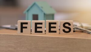 the word "fees" with a house to represent no leasing fees