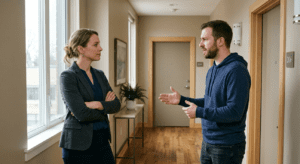 Man and a woman standing in a rental hallway arguing 