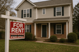 single-family home with a for rent sign in the front yard