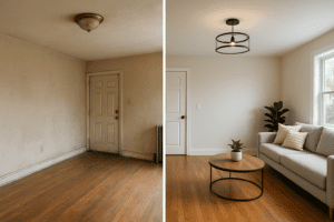 before and after image of a rental unit in disrepair, and cleaned up after a turnover