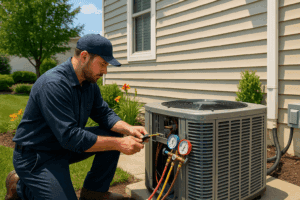 HVAC tech working on a columbus rental home system in the summer