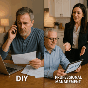 frustrated landlord next to happy landlord with property management help
