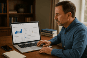 man sitting at desk using a tenant portal for property management