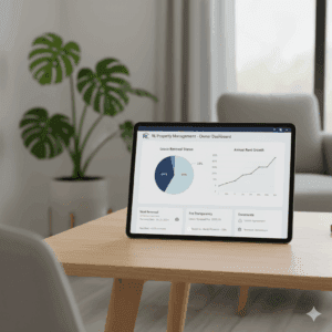 A comfortable living area with a screen displaying RL Property Management rental dashboard. 