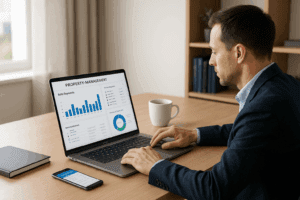 property manager working on computer with landlord tools