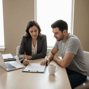 A property manager helping a man navigate a lease agreement.