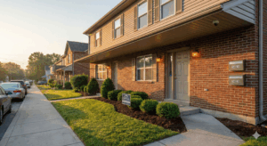 Row of multi family rental homes at sunset