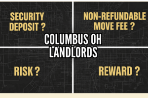 Graphic comparing security deposits and non-refundable move-in fees for Columbus, Ohio landlords, highlighting risk versus reward considerations.