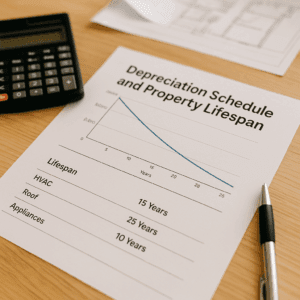 Depreciation schedule letter on desk with calculator and pen.