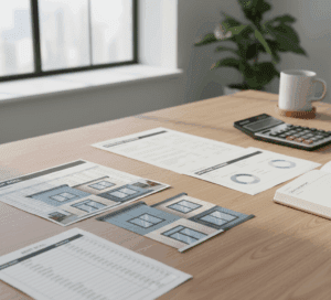 Image of a desk with rental patterns and financial analyses.