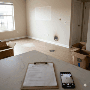 Move-out inspection scene in an Ohio rental property showing wall and floor damage, with a clipboard inspection checklist and smartphone documenting issues for security deposit deductions.