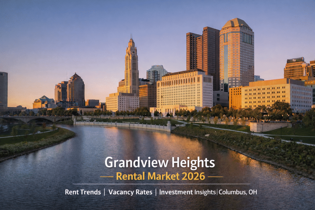 Columbus, Ohio skyline at sunset with the Scioto River in the foreground, featuring downtown buildings and a Grandview Heights Rental Market 2026 title overlay.