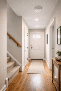 Rent ready rental property hallway in Columbus Ohio showing smoke detector, stair handrail, and secure entry door