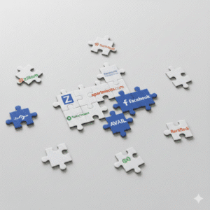 Photorealistic overhead view of interlocking puzzle pieces featuring Zillow, Apartments.com, Facebook Marketplace, Craigslist, Avail, TurboTenant, and RentRedi logos on a white desk, symbolizing rental listing strategy in Columbus.