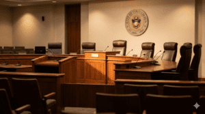 An editorial-style photograph of an empty Columbus City Council chamber. The room features a curved, polished wood dais with several high-backed leather chairs and thin gooseneck microphones at each station. A large, circular "City of Columbus" seal is mounted on the light-colored wall behind the center seat. The foreground shows the tops of wooden gallery benches in a soft, shallow focus, all illuminated by warm, professional lighting.