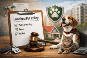 Landlord pet policy document with checklist, house keys, gavel, and dog and cat representing rental property pet rules