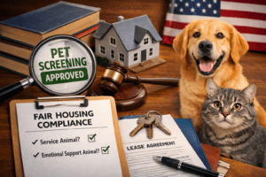 Pet screening and fair housing compliance concept with service animal checklist, lease agreement, and dog and cat