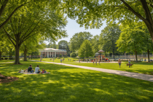 Northam Park in Upper Arlington, Ohio with green lawns, walking paths, playground, and families enjoying the park on a sunny day.
