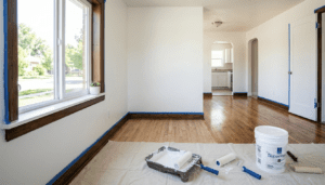 A living room in the middle of being painted during a Columbus property management rental turn.
