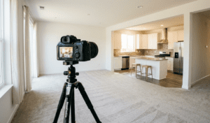 Camera taking photo of rental interior kitchen