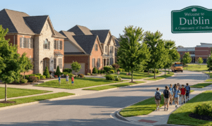 Suburban street corner in Dublin, Ohio. Kids walking on sidewalks.