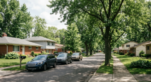 A Columbus, Ohio suburbs street with cars parked and green trees 