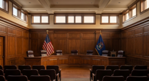 interior of city council chambers - wooden room with seating