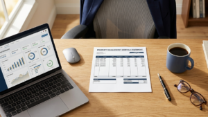 An image of a rental owner's statement on a desk with a laptop, coffee, glasses, pen. 