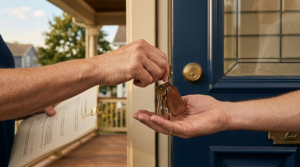 close up of exchanging keys after signing a rental lease agreement