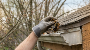 Gloved hand pulling debris out of rental property rain gutter