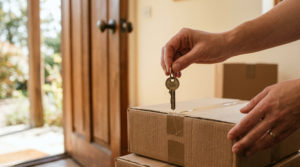 And holding a key in front of moving boxes and an open front door 
