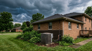 Exterior photo of a Columbus rental property and A/C unit with storm clouds looming overhead. 
