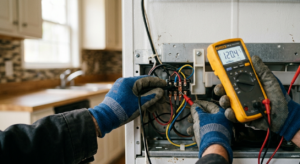 repair person hands fixing electrical workings on the back of a refrigerator. 