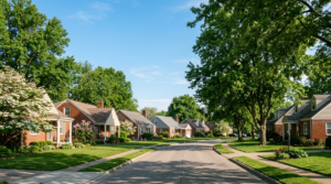 Street view of suburban residents lined with trees and houses, Gahanna, Ohio 