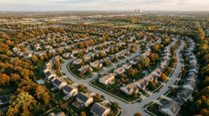 Bird's-eye view, looking down on the suburb of Powell, Ohio. 