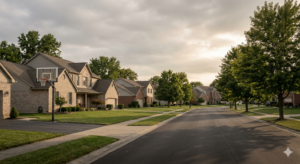Suburban neighborhood at sunset in Grove City, Ohio.