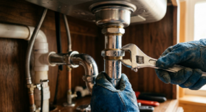 Property management maintenance worker fixing plumbing under the sink