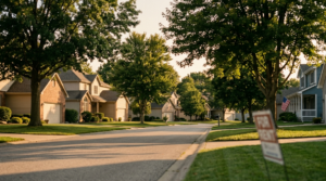 Suburban street view of a quiet neighborhood at sunset. Houses, trees, grass, for rent sign in one of the yards 