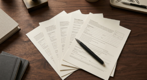 A stack of rental applications on a wooden desk. Ready to check for fraud 