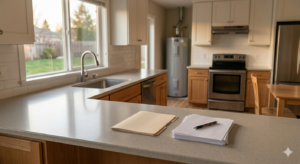 A rental house kitchen with paperwork on the counter. 