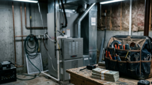 a hvac in a basement with a tool bad and stack on money to represent reserves for rental repairs