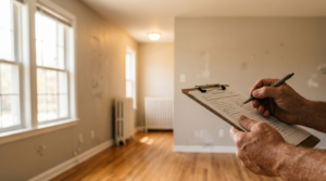 hands filling out a clipboard in a rental apartment in the middle of an inspection 