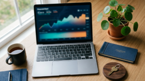 desk with laptop, plant, checkbook, coffee mug, and key