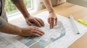 Ohio City Council members reviewing a zoning update on a table: blueprint plans, rulers, pains 