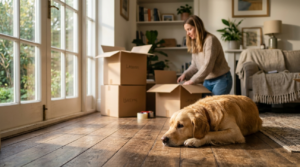 Golden Retriever laying on the wood floors of a rental apartment in Columbus while the owner packs boxes 