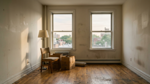 An abandoned apartment in Columbus, Ohio. Abandoned boxes and lamp in a well-lit room 