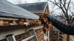 Rental property owner removing leaves from a gutter in preparation for winter 