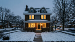 A snowy Columbus rental property at twilight 