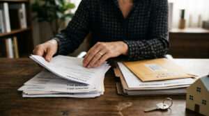 Property managers sifting through rental paperwork 