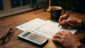 Property owner filling out their year-end tax forms 